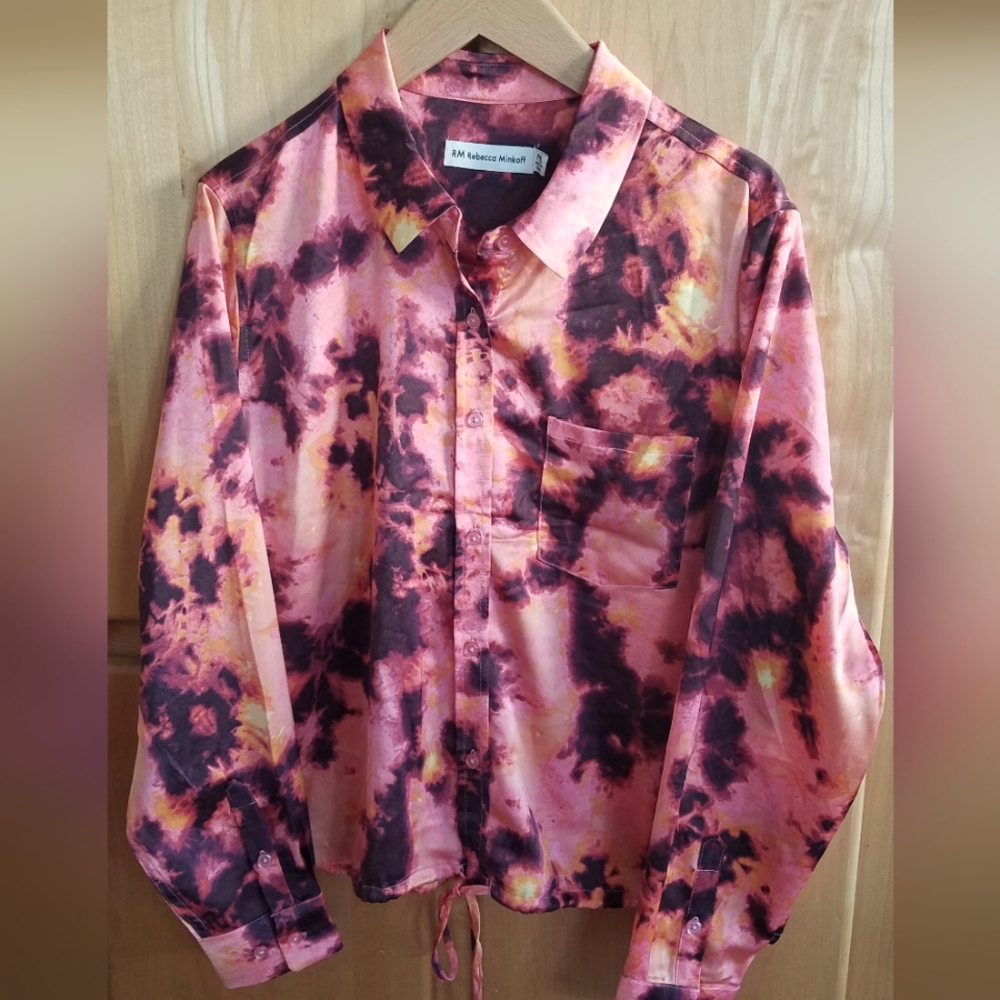 NWT REBECCA MINKOFF Satin Blouse Top Womens Petite Button Up Long Sleeve Sz PXL